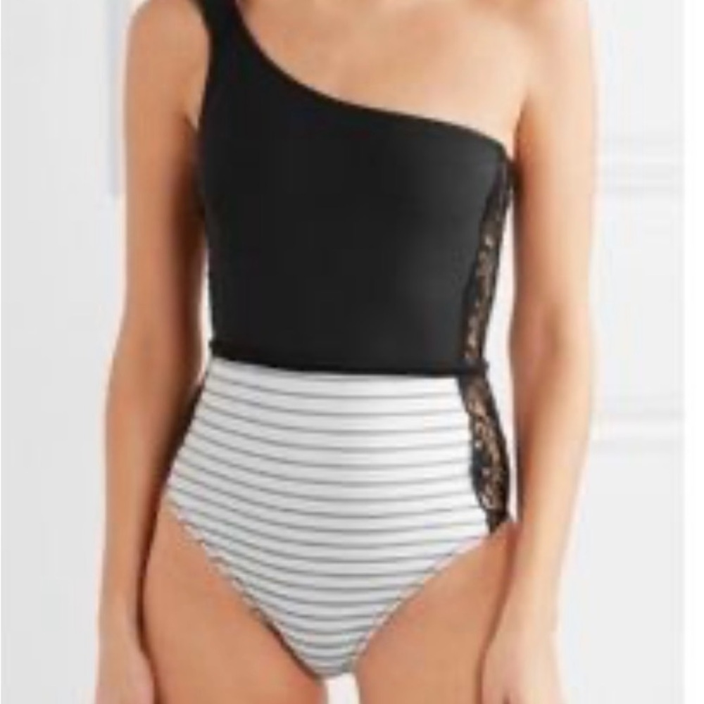 Source Unknown Black and White Striped One Shoulder Swimsuit - Picture 2 of 6